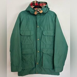 Vtg Woolrich 6107 Green Hood Field Chore Jacket Plaid Wool Lined Barn Coat 80s M